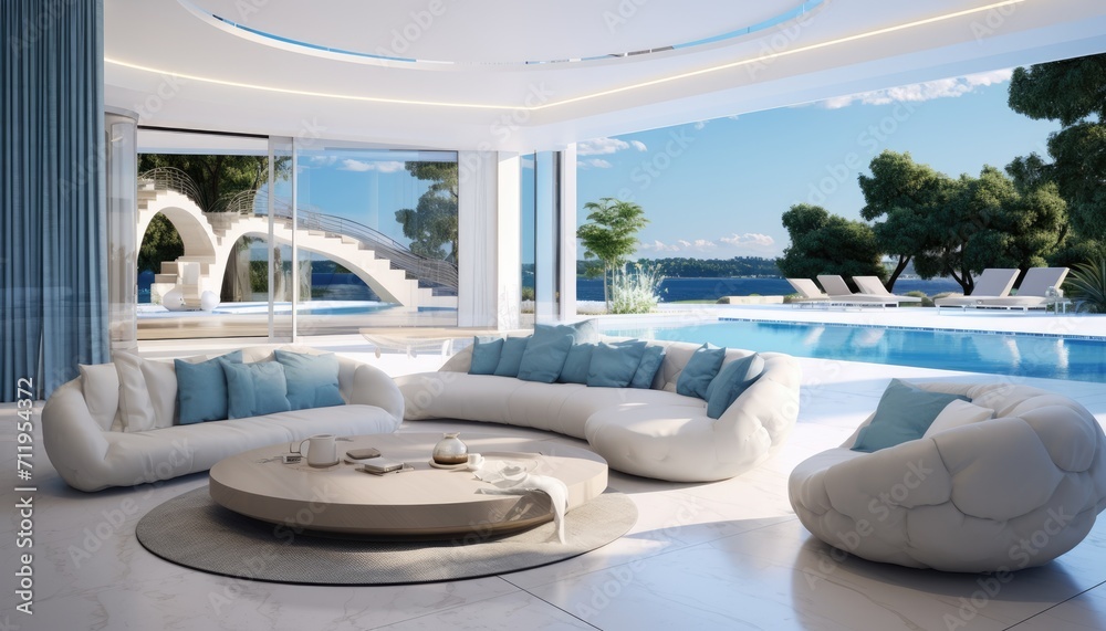 View of aesthetic eco-friendly house. A curved style minimalist sofa covered in fine fabric and a smart TV on the cream walls. Inspiration for environmentally friendly room concepts. View of aesthetic eco-friendly house. A curved style minimalist sofa covered in fine fabric and a smart TV on the cream walls. Inspiration for environmentally friendly room concepts.