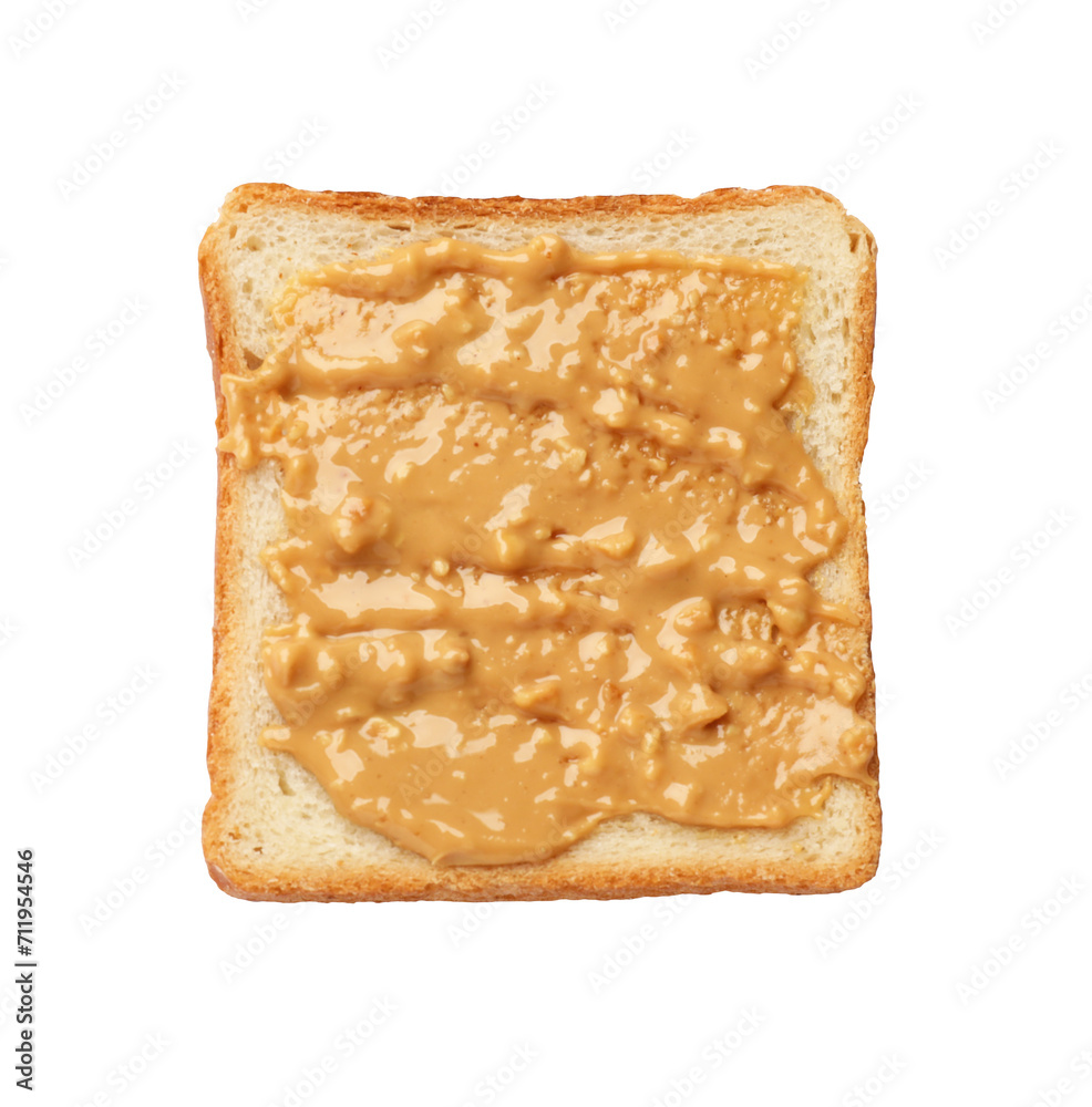 Delicious toast with peanut butter isolated on white, top view Delicious toast with peanut butter isolated on white, top view