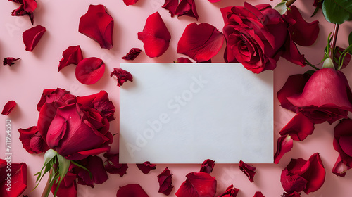 Blank white paper card among red roses with petals on pink background, mock up, copy space, view from top.