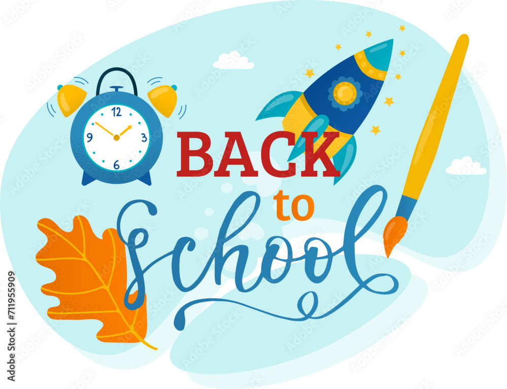 Back to school concept with alarm clock, pencil, rocket, and autumn leaf. Educational illustration with school elements and hand lettering. Kids learning and school adventure vector illustration.