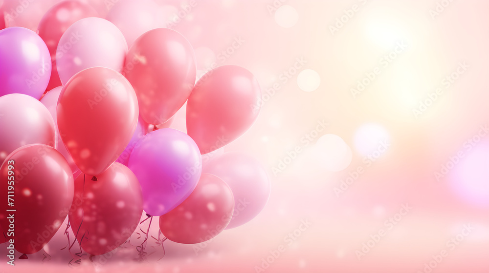 Multicolored Balloons with Helium on Pink Abstract Background. Concept of Happy Birthday, New Year, Party, Wedding, Valentine's Day, Happiness, Joy, Festival, Holiday Promotion Banner