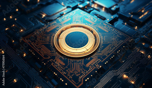 a digital motherboard with a golden focus, in the style of abstract geometric