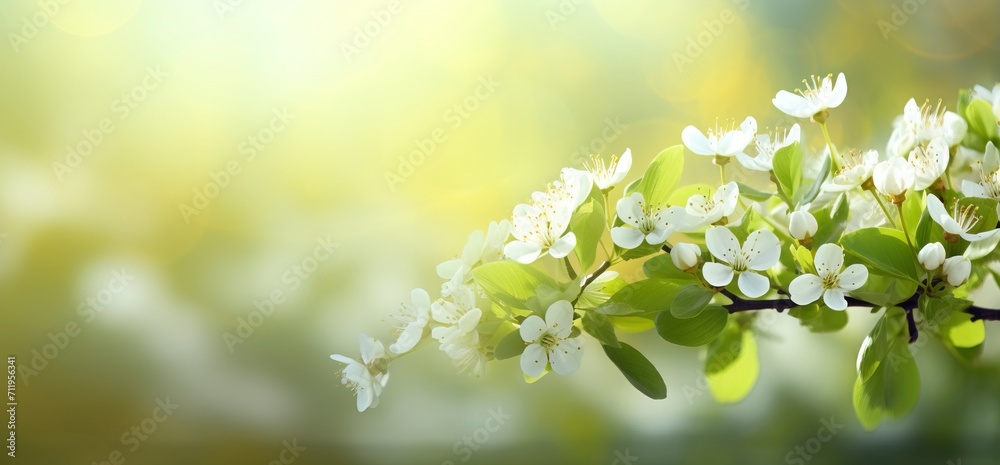 sunny spring background, hd wallpaper, in the style of soft focus lens, dark white and green, symbolic nabis, flower power, serene landscapism, award-winning - generative ai