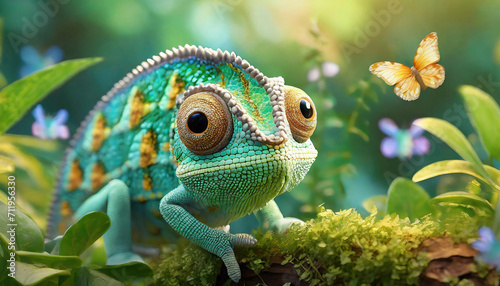 Illustration of a cute baby chameleon lizard in 3D in a garden of butterflies and lush greenery. © Inge