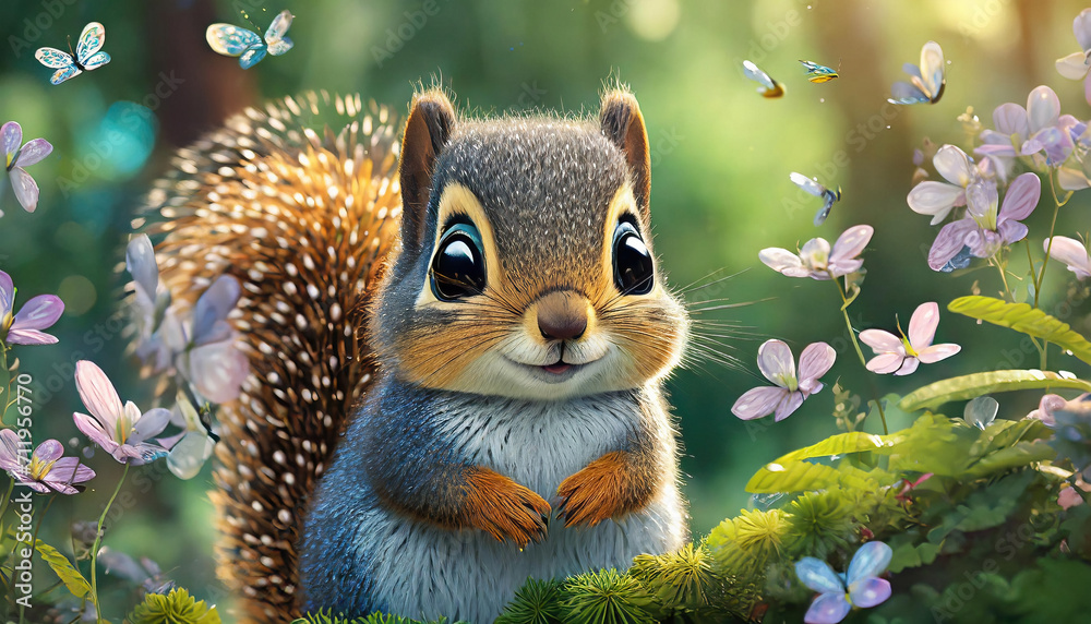 A 3D illustration of a cute baby squirrel in a garden of butterflies and lush greenery. A 3D illustration of a cute baby squirrel in a garden of butterflies and lush greenery.