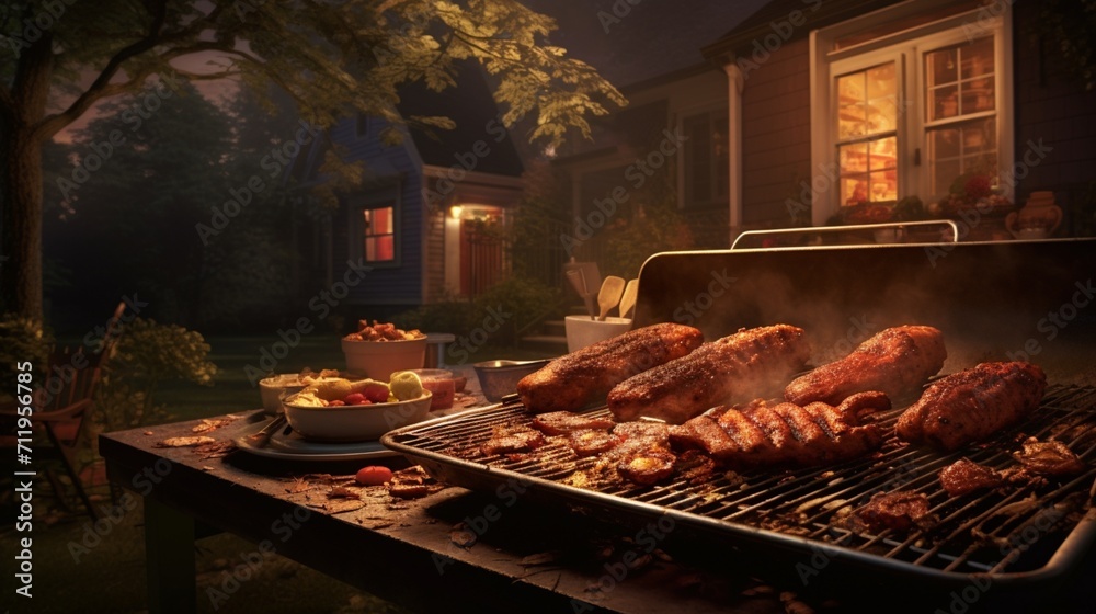 A 3D scene capturing the essence of a backyard barbecue, with pork ribs as the star.