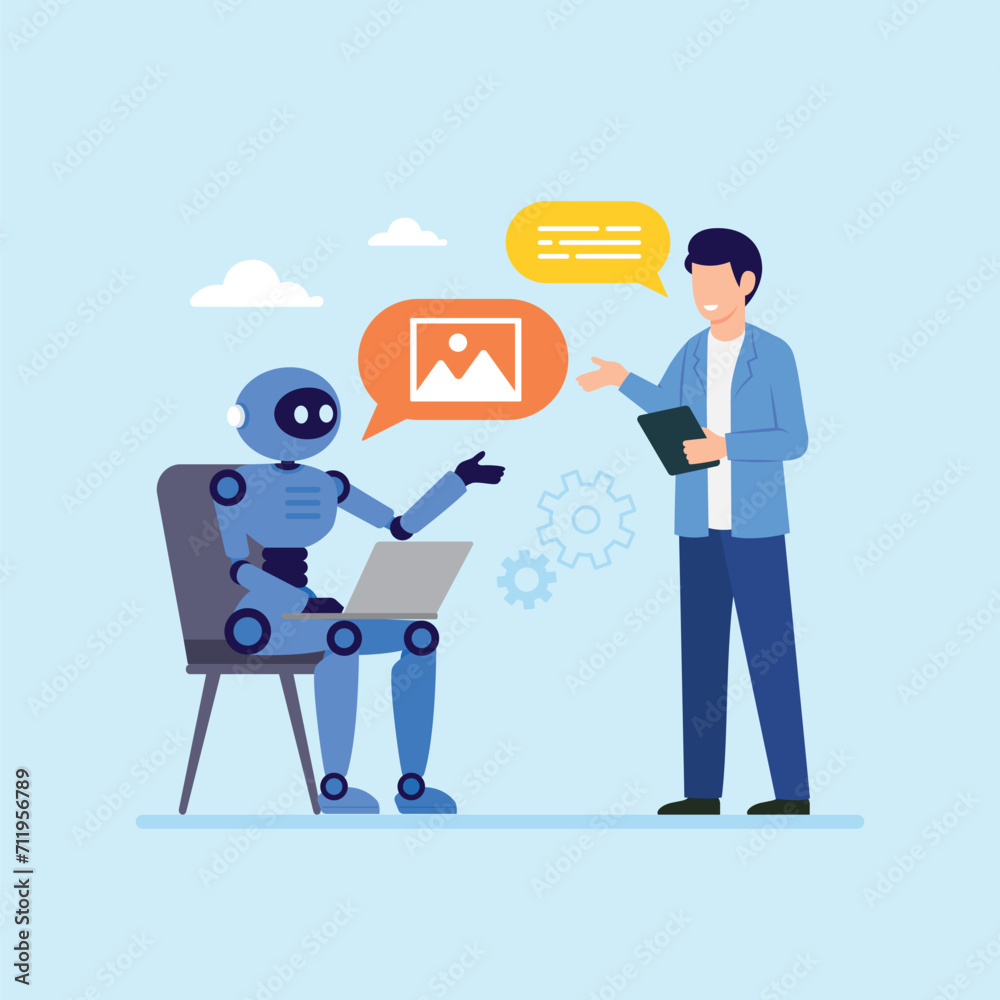 Human and Robot Artificial Intelligence cooperation and collaboration on job position vector cartoon illustration