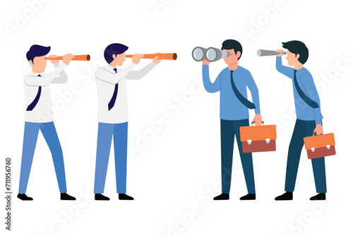 Set of Businessman look future with telescopes