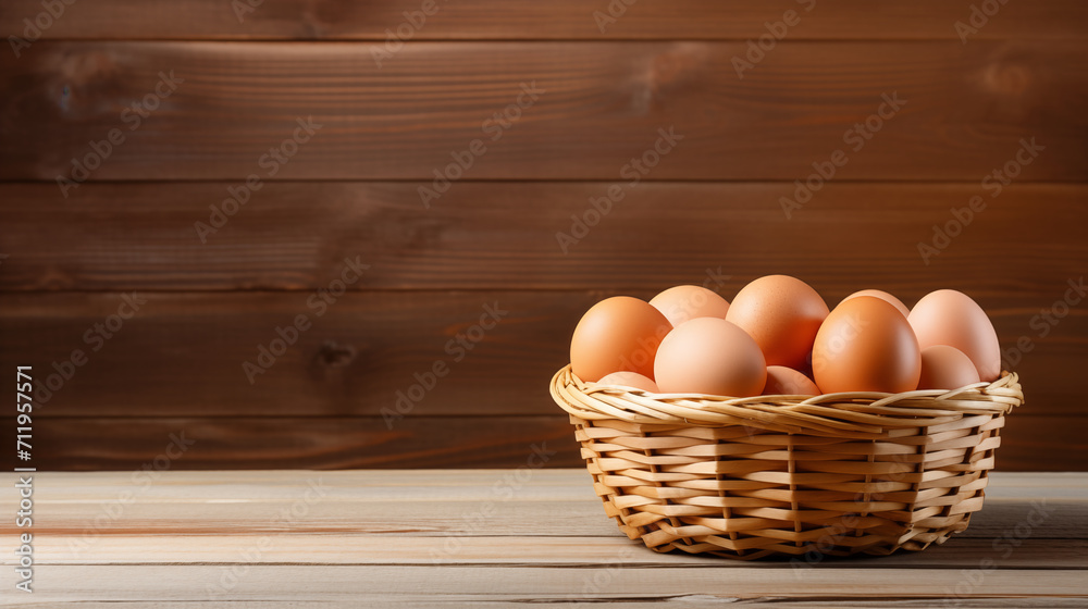 Simple Pleasures: Woven Basket of Eggs on a Wooden Surface Simple Pleasures: Woven Basket of Eggs on a Wooden Surface