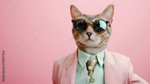 A cool cat wearing sunglasses and a pastel color suit with a tie. Funny kitten. AI Generative