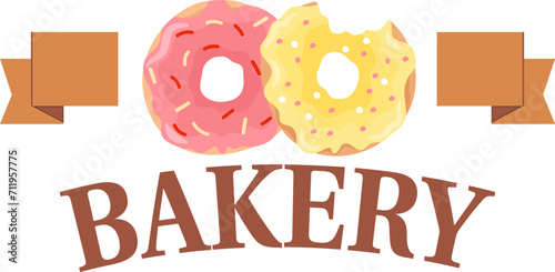 Colorful donuts with pink and yellow icing. Sweet pastries and bakery logo concept. Delicious doughnuts, creative bakery branding vector illustration.