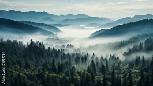 Mystical Canopy: Aerial View Captures Enchanting Foggy Coniferous Forest © Phrygian