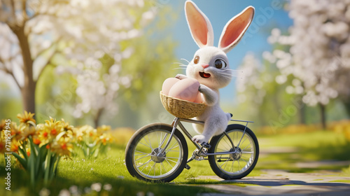 A cute cheerful rabbit holds an egg and rides a bicycle. AI Generative