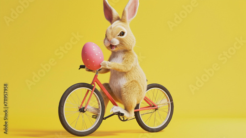 A cute cheerful rabbit holds an egg and rides a bicycle. AI Generative