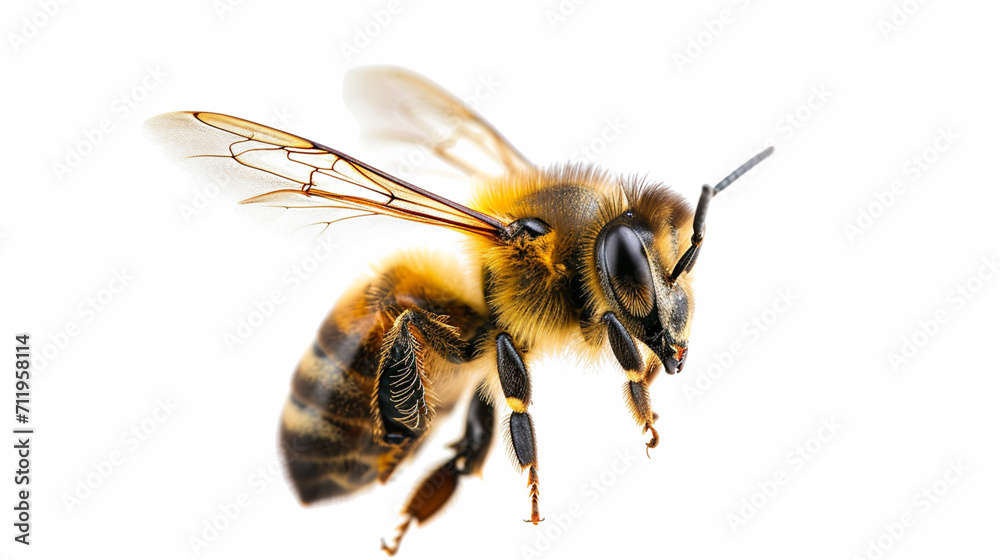 a stunning bee is flying, isolated on white background, macro, incredible pollinator. AI Generative a stunning bee is flying, isolated on white background, macro, incredible pollinator. AI Generative