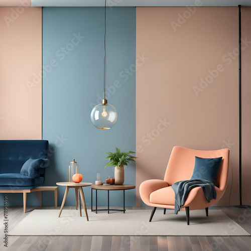 modern living room in peach and blue
