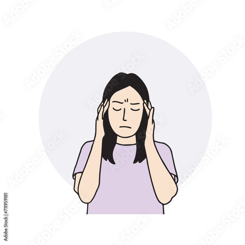 This is an illustration of a woman complaining of pain in her headache while holding her head tightly in both hands. It is a vector element related to medicine and healthcare.