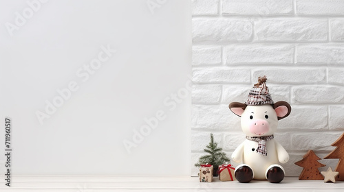 2021 happy new year and cute funny doll cow with space copy photo