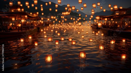 Capture the elegance of a superyacht sailing through a sea of floating lanterns  creating a romantic and enchanting atmosphere.