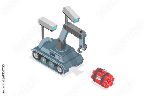 3D Isometric Flat Conceptual Illustration of Bomb-disposal Robot, EOD