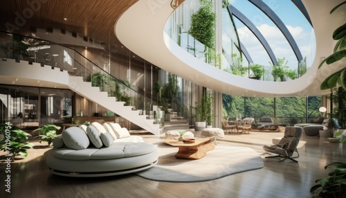 View of aesthetic eco-friendly house. A curved style minimalist sofa covered in fine fabric and a smart TV on the cream walls. Inspiration for environmentally friendly room concepts.