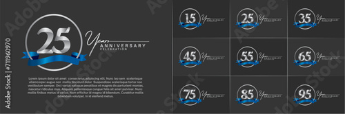 Set of Anniversary Logotype silver color with ring and blue ribbon can be use for special day celebration