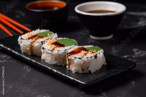 Sushi roll with rice and fish in a soy-based sauce. Generative AI
