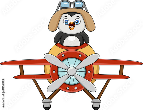 Cute penguin cartoon operating a plane