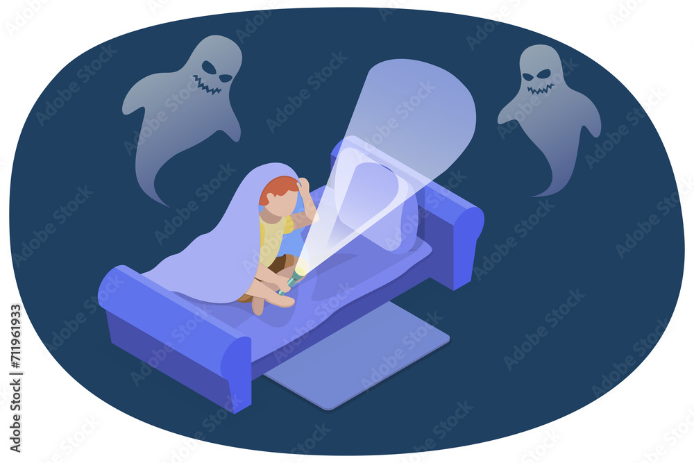 3D Isometric Flat  Conceptual Illustration of Children Nightmares, Night Phobia