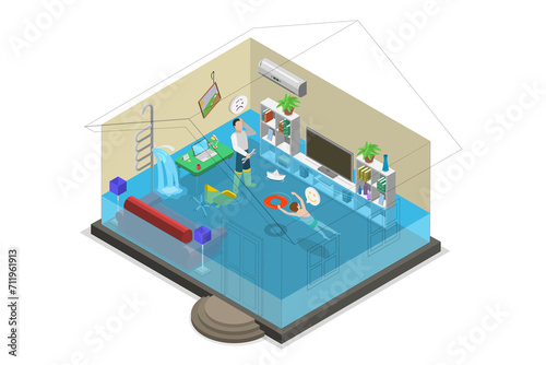 3D Isometric Flat  Conceptual Illustration of Flooded Room, Water Leak Problem photo
