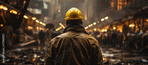 A brave firefighter, illuminated by the city lights at night, stands in front of a burning building wearing his trusty hard hat and protective clothing