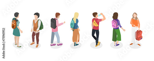 3D Isometric Flat Conceptual Illustration of People With Backpacks, Set of College Students
