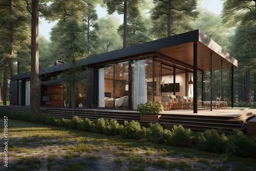 Modern house in the woods with large glass windows © duyina1990