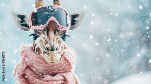 Close up portrait of a giraffe wearing ski goggles and a scarf. Blurry background with snowfall. Concept of winter sports and skiing. Pastel pink colors. Copy space