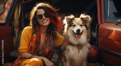 A stylish woman with a contagious smile enjoys the company of her furry companion, a beautiful dog of a specific breed, as they sit together in a car and take in the outdoor scenery while wearing sun photo
