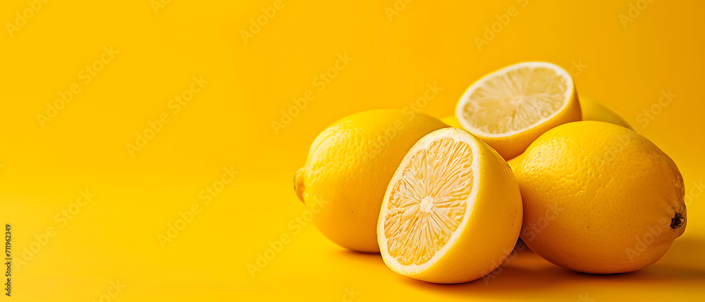 Lemon fruit on yellow background, copy space concept.
