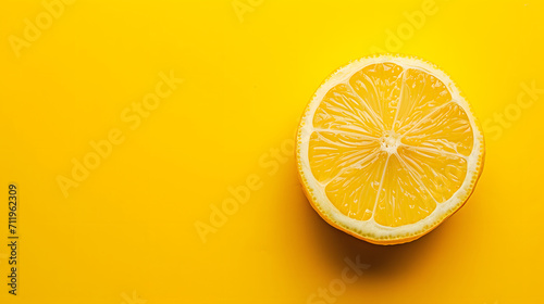 Slice lemon isolated on yellow background, copy space concept, above view.