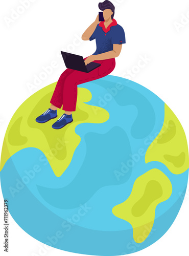 Man sitting on globe working on laptop and talking on phone. Remote worker multitasking, digital nomad lifestyle. Global communication, freelance work vector illustration.