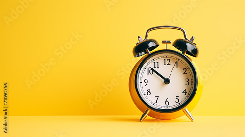 sticky post with handwriting the word later stick on alarm clock on solid yellow background