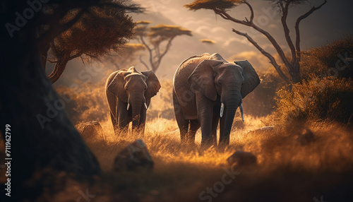 Elephants roam freely in the African savannah, a majestic sight generated by AI