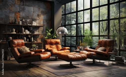 Cozy and modern, this living room boasts sleek leather chairs, a spacious studio couch, and a large window that floods the indoor space with natural light