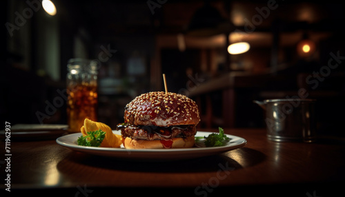 Grilled beef burger on wooden table, a gourmet lunch delight generated by AI