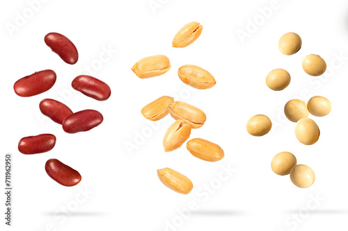 Set of Mix beans (red kidney bean, peanut, soy bean) levitation isolated on white background.