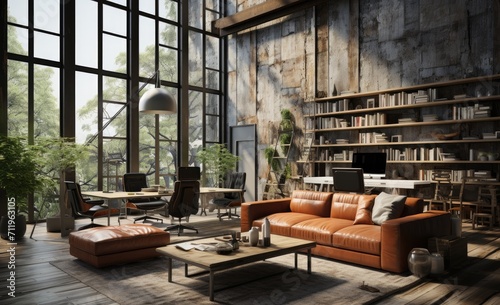 A cozy reading nook in a modern living room, featuring a stylish studio couch, a sleek desk with a bookcase, and a sunlit window overlooking a shelf of books