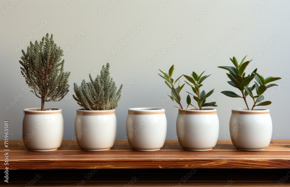 A vibrant collection of potted plants adorns the indoor space, with a variety of houseplants and colorful flowers sitting in beautiful earthenware and ceramic pots on a table against a wall