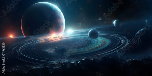 Two dimensional image. Originating from the depths of interstellar space. Stars, planets, moons, and comets all shine brightly. Backgrounds for a variety of science fiction scenarios