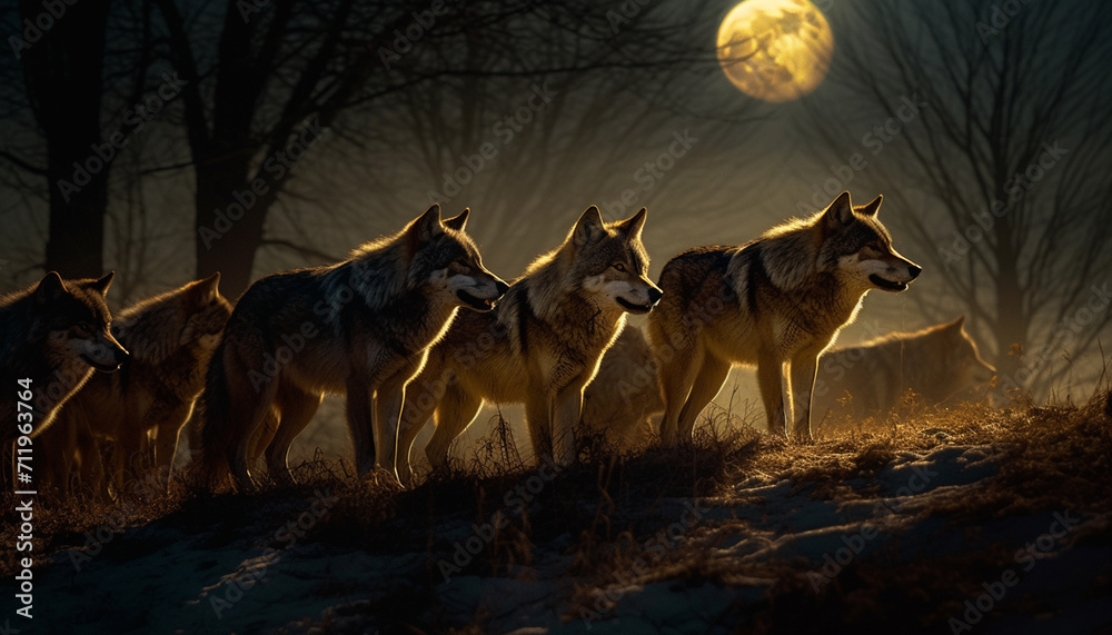 A wolf pack roams through the snowy forest at dusk generated by AI - obrazy, fototapety, plakaty 