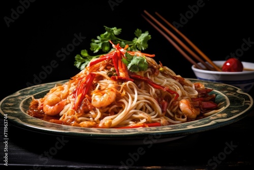 Chinese noodles with shrimp, vegetables, and sauce on plate