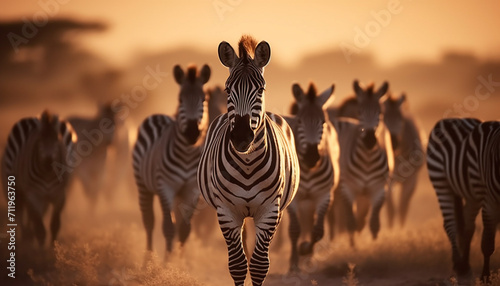 Zebra standing in a row  nature beauty in wildlife reserve generated by AI