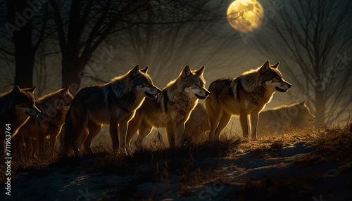 Foto A wolf pack roams through the snowy forest at dusk generated by AI